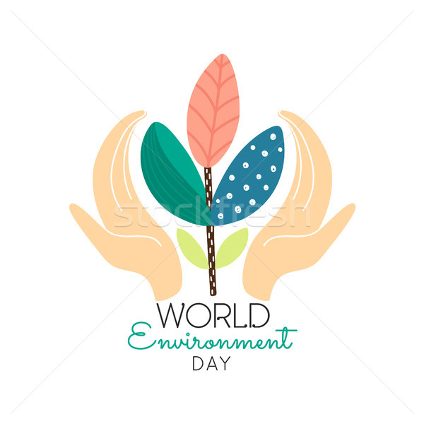 Stock photo: World environment day concept. Human hands holding abstract plant. Save nature. Eco friendly design.