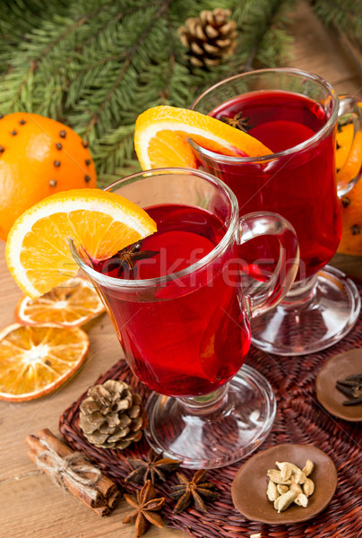 Deux verres vin table en bois Noël arbre [[stock_photo]] © user_11056481