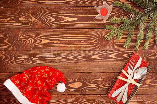 Greeting card for New Year's Eve Dinner. Silverware on wooden ta Stock photo © user_11056481