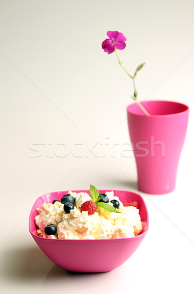 Cottage Cheese In Pink Plastic Bowl Decorated Mint And Berry