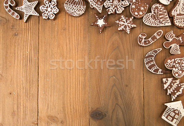 Stock foto: Zeile · Weihnachten · Lebkuchen · Cookies · alten · Holztisch