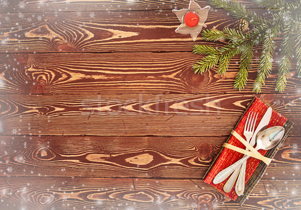 Greeting card for New Year's Eve Dinner. Silverware on wooden ta Stock photo © user_11056481