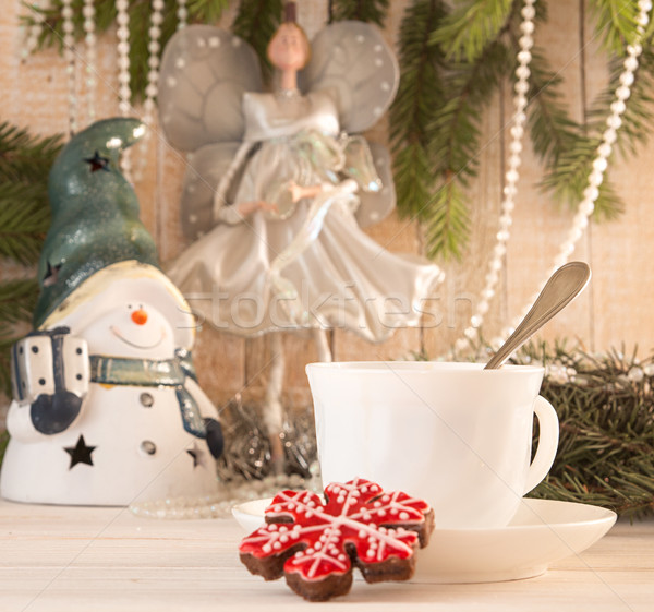 Gingerbread cookie and cup of tea. Christmas New Year holiday co Stock photo © user_11056481