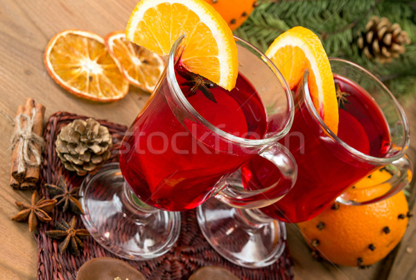 Deux verres vin table en bois Noël arbre [[stock_photo]] © user_11056481