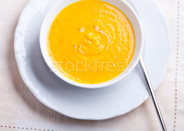 Pompoen soep lepel witte diner plantaardige Stockfoto © user_11224430