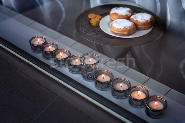 Nine-branched mehorah Hanukiah in the window Stock photo © user_11224430