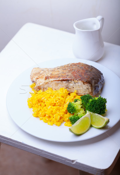 Egészséges hal vacsora sáfrány rizs zöldségek Stock fotó © user_11224430
