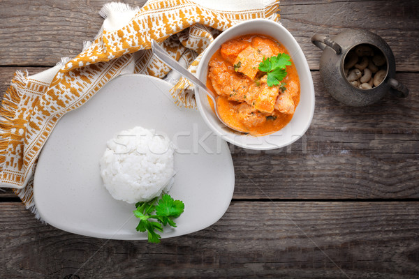 Stockfoto: Kip · curry · rijst · geserveerd · houten · oppervlak · voedsel