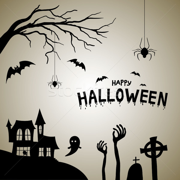 Happy halloween post card. House with cemetery silhouette with bats and spiders Stock photo © user_11397493