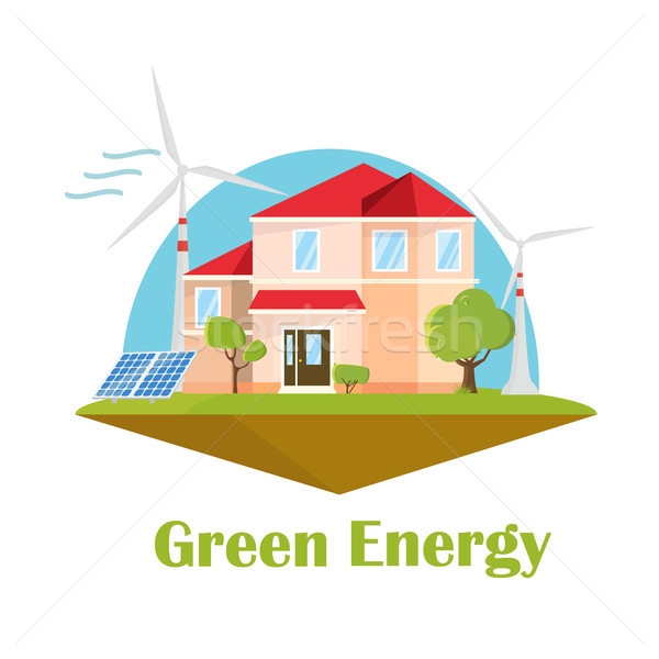 Eco house. Solar wind energy. Green energy concept. Ecology flat design building Stock photo © user_11397493