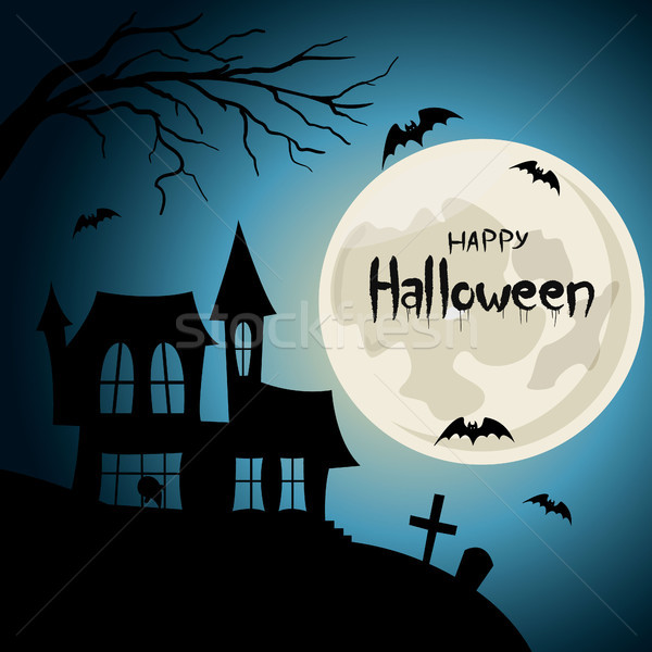 Happy halloween post card. House with cemetery silhouette with bats and lettering Stock photo © user_11397493
