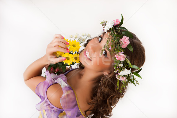 Młoda kobieta kwiat girlanda kwiaty odizolowany kobiet Zdjęcia stock © user_9834712