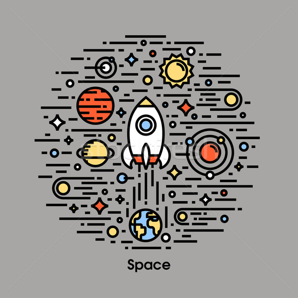 Stockfoto: Planeten · sterren · raket · ruimte · iconen · wolken