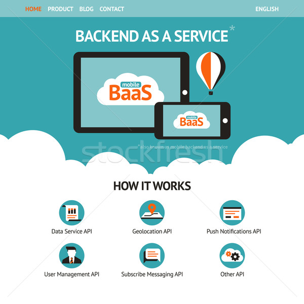 Stock photo: Flat vector website template with mobile gadgets displaying backend as a service