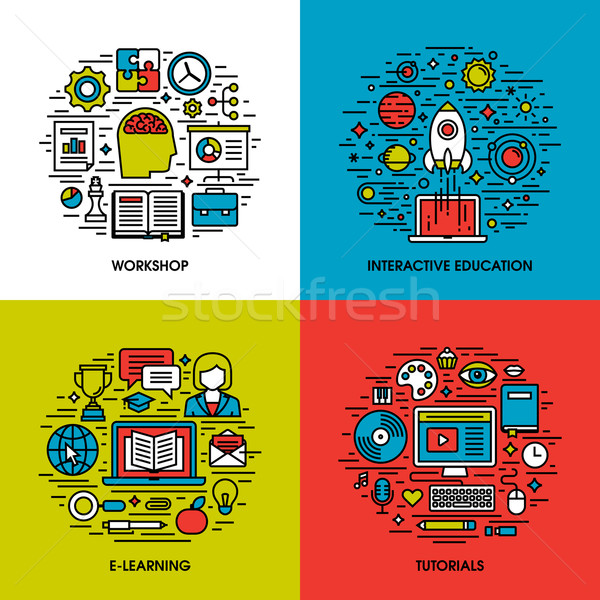 Flat line icons set of workshop, interactive education, e-learning, tutorials Stock photo © ussr