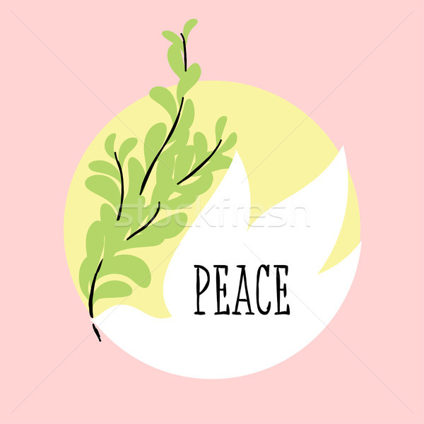 Stock photo: Peace day greeting card with flying dove holding olive branch