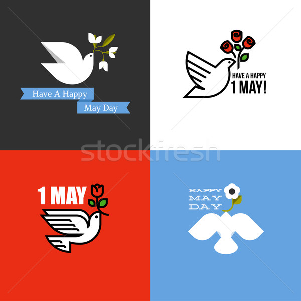 Flat style card for holiday of International Workers Day on 1 May with dove and flowers Stock photo © ussr