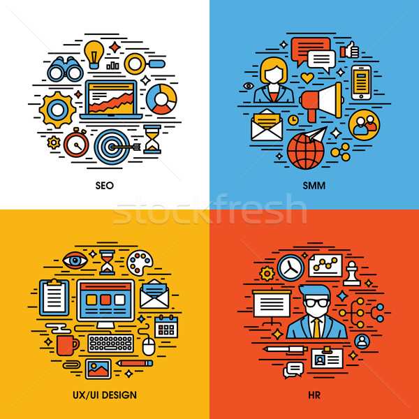 Stock photo: Flat line icons set of SEO, SMM, UI and UX design, HR