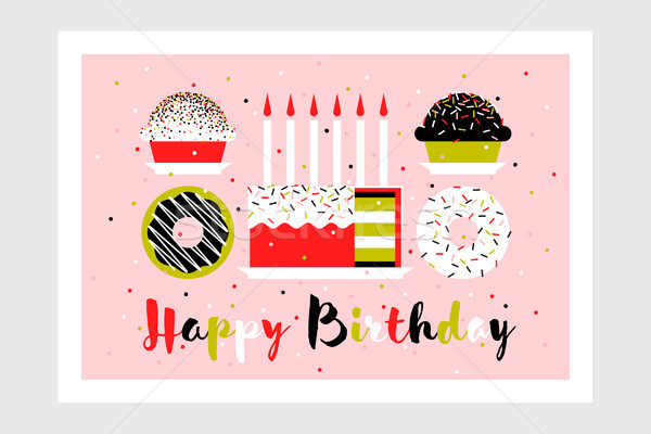 Stock foto: Grußkarte · Geburtstagskuchen · Kerzen · Muffins · Donuts · Stil