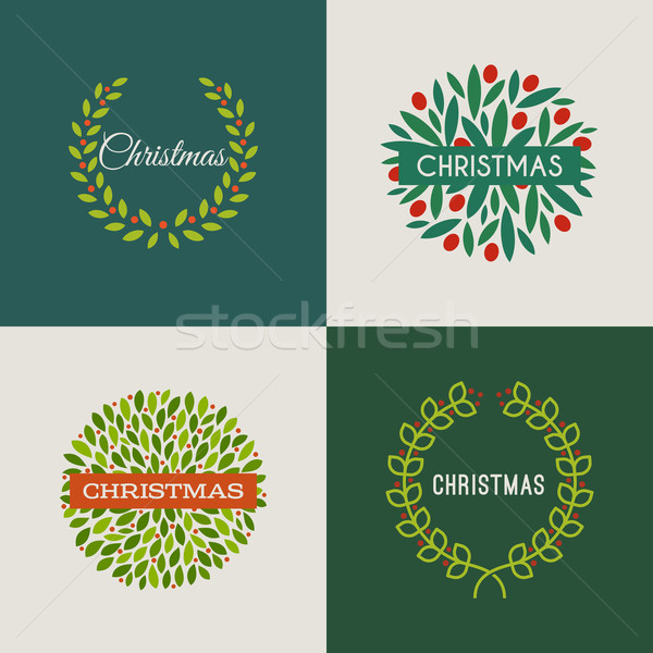 Christmas wreath with red holly berries. Set of vector illustrations Stock photo © ussr