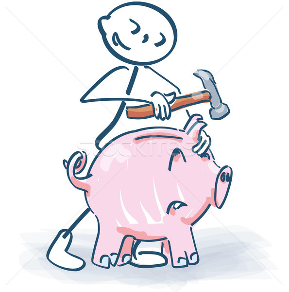 Stick figure slaughters a little piggy bank with a hammer Stock photo © Ustofre9