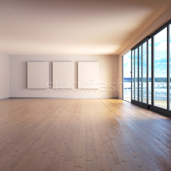 Room with three screens and wooden floor at the sea Stock photo © Ustofre9