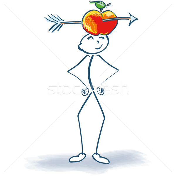 Stock photo: Stick figures with wounded apple and arrow on the head