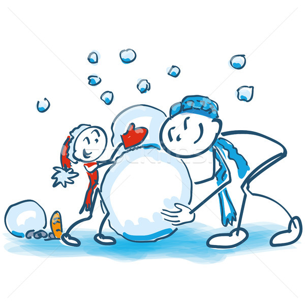 Stick figures as father and son build snowman Stock photo © Ustofre9