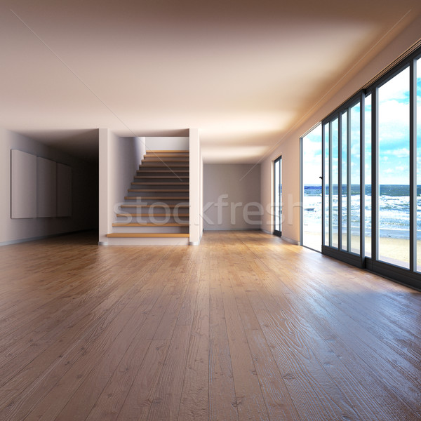 Room with wooden floor and staircase on the lake Stock photo © Ustofre9