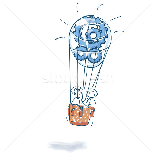 Stick figures in hot air balloon full of cogwheels Stock photo © Ustofre9