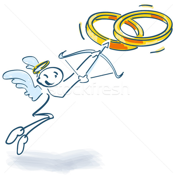 Stock photo: Stick figure as cupid with arrow and bow and wedding rings