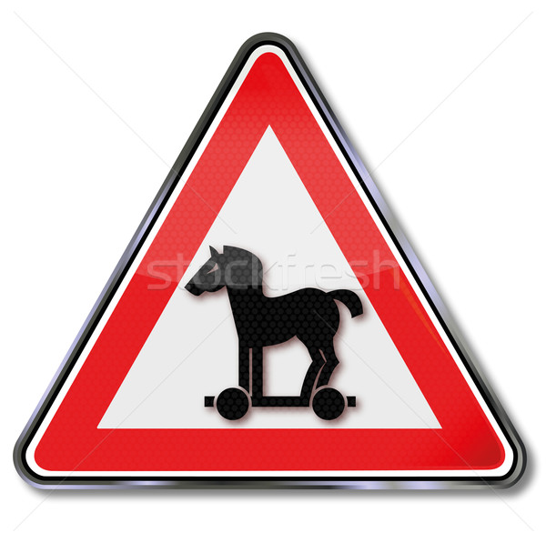 Figyelmeztető jel számítógép trójai ló feliratok címke Stock fotó © Ustofre9