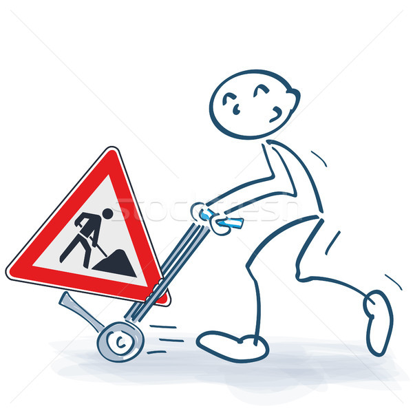 Stick figure with sack truck and move with construction sign Stock photo © Ustofre9