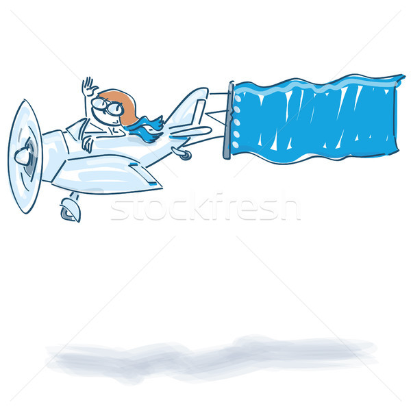 Stick figure flies with a plane and a banner in the air Stock photo © Ustofre9