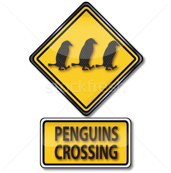 Stock photo: Sign attention penguin crossing