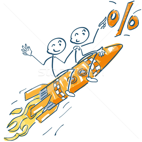 Stock photo: Stick figures sitting on a rocket and flying to the percentages