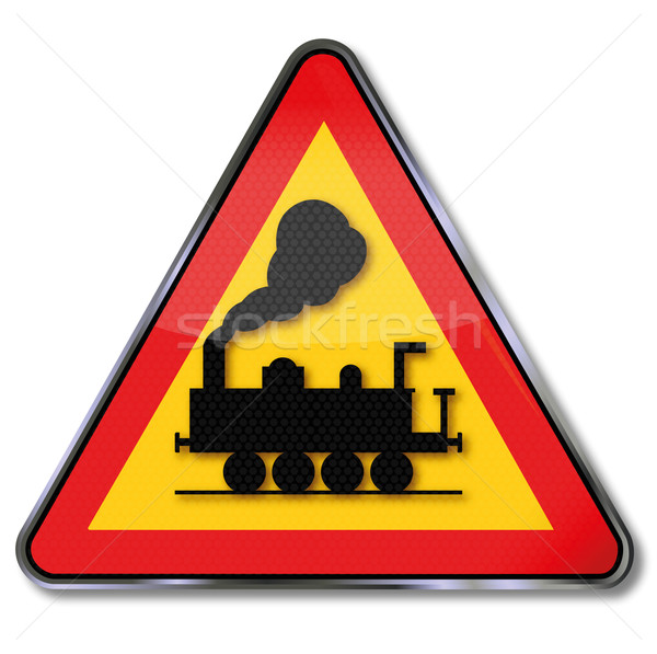 Stock photo: Traffic sign warning railroad crossing, train and steam locomotive