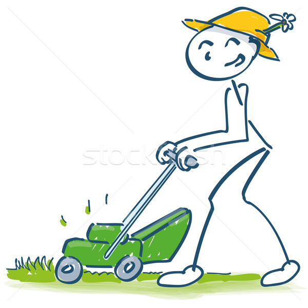 Stick figure mowing the lawn with the mower cutting grass Stock photo © Ustofre9