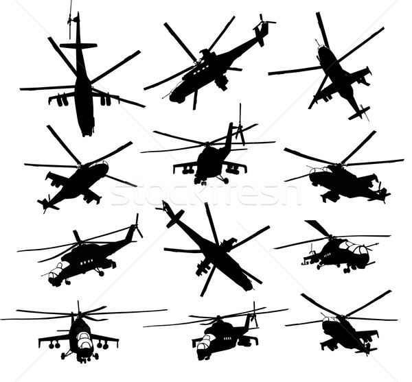 Stock fotó: Helikopter · sziluettek · szett · harc · vektor · különálló