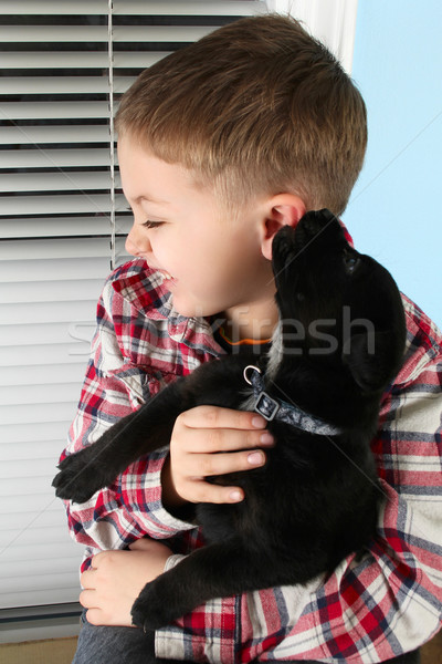 Fiú kutyakölyök gyönyörű szőke fekete mosoly Stock fotó © vanessavr