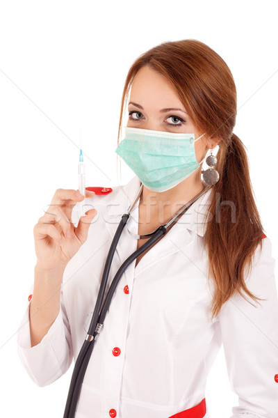 Foto stock: Jóvenes · médico · jeringa · blanco · trabajo