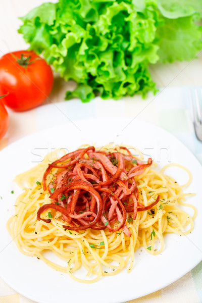 Stockfoto: Spaghetti · ham · plaat · pasta · tomaat