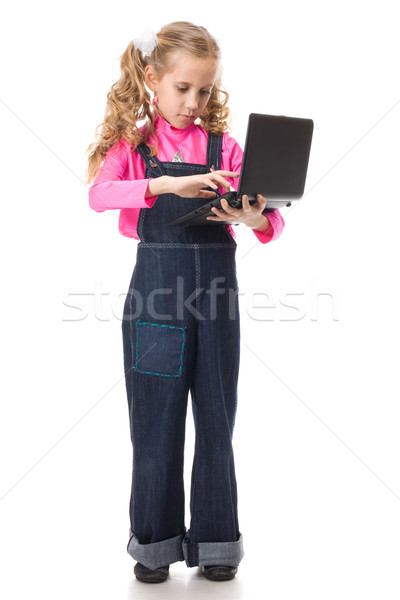 年輕的女孩 黑色 筆記本電腦 鍵入 自己的 商業照片 © vankad