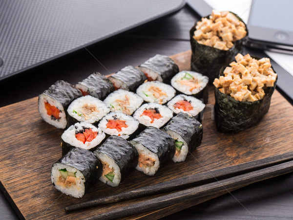 Quick sushi lunch in the office Stock photo © vankad