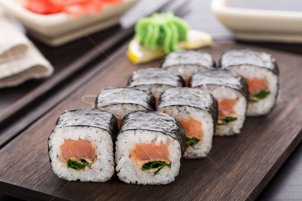 Sushi rolls with salmon and scallion Stock photo © vankad