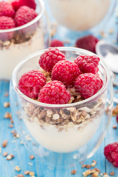 [[stock_photo]]: Yogourt · muesli · fraîches · framboises · déjeuner · alimentaire