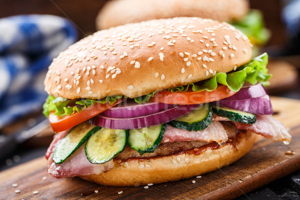 Bacon burger with vegetables and cutlet Stock photo © vankad
