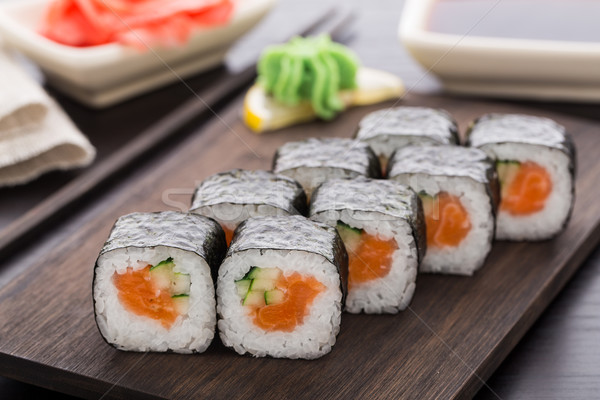 Stock photo: Sushi rolls with salmon and cucumber