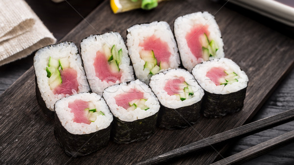 Sushi rolls with tuna and cucumber Stock photo © vankad