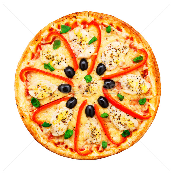 Pizza with chicken, pepper and olives Stock photo © vankad